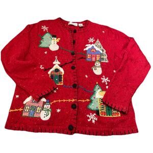 Victoria Jones Ugly Christmas Red Cardigan Sweater Women’s Size Medium Snow man